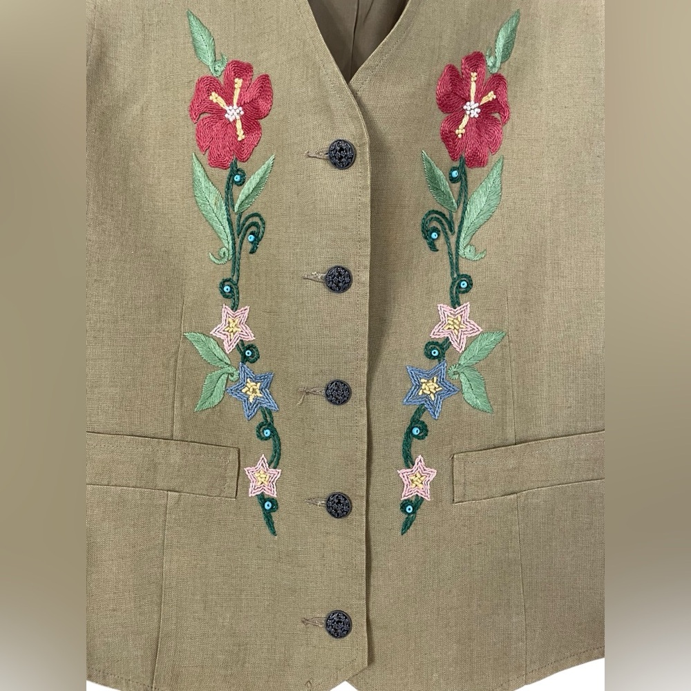 Vintage Banana Republic Linen Floral Embroidered Vest Beaded Sz Medium - Picture 2 of 14